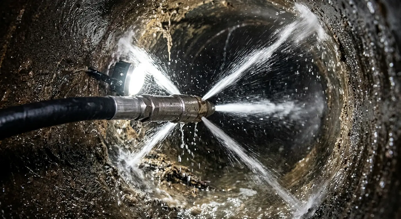High-pressure hydro jetting nozzle cleaning sewer pipe for Sewer Cleanout in Albany