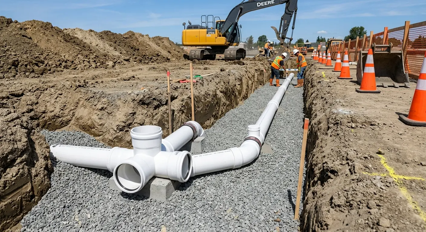 New PVC sewer pipe installation in open trench for Sewer Camera Inspection in Albany