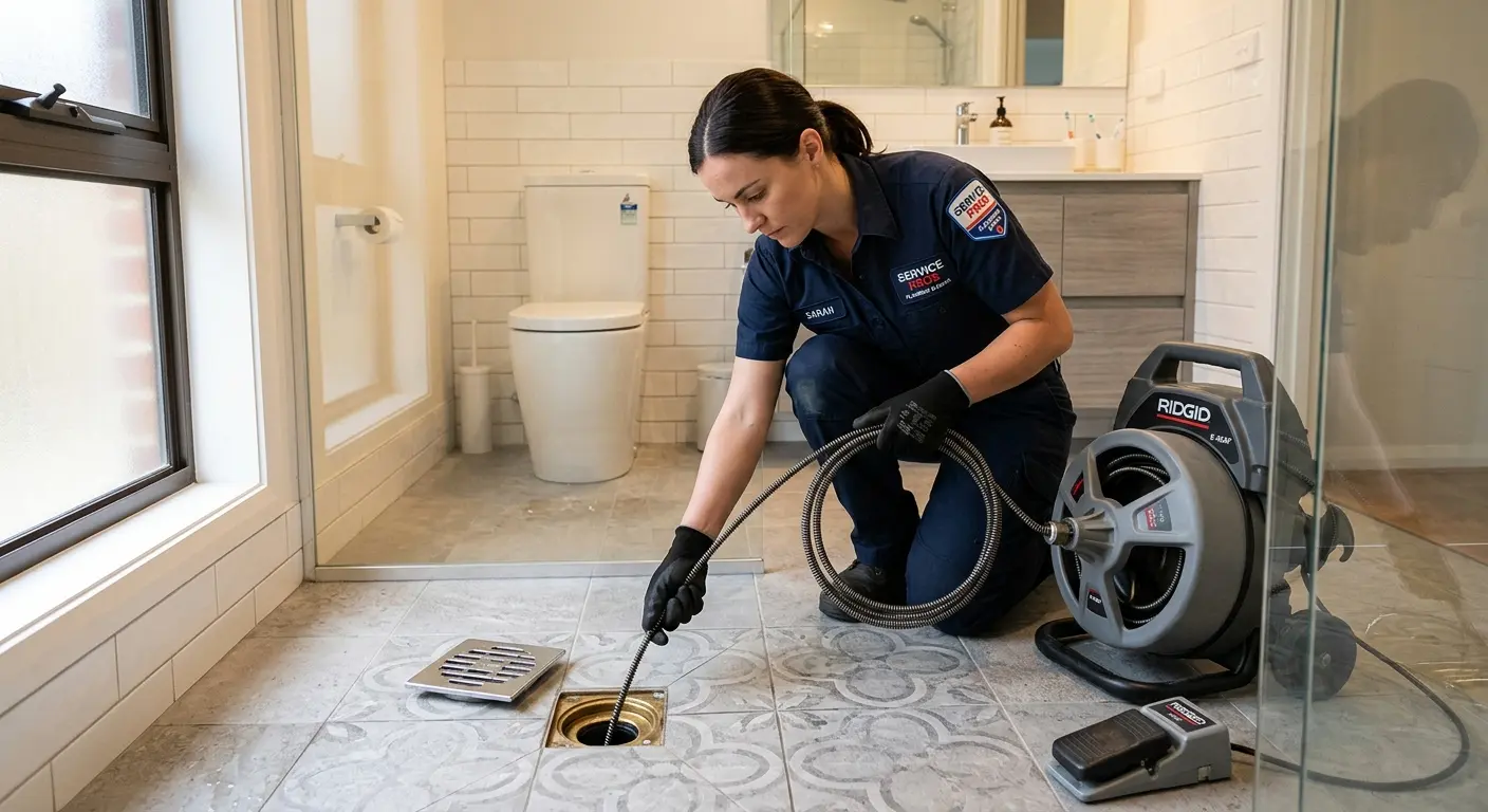 Technician clearing a bathroom floor drain for Clogged Drain Repair in Albany